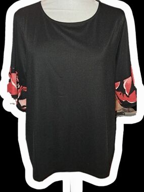 NWT The Limited Black Top with Red Floral Sleeve Panels